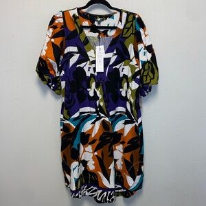 For Cynthia NWT Large Colorful Floral Bubble Sleeve Linen Blend Shift Dress 3443